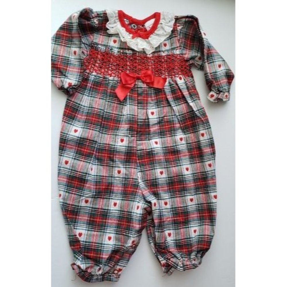 Jumpsuit Romper hearts/Plaid Buster Brown Baby Girls 3-6 M VTG 1990s One Piece